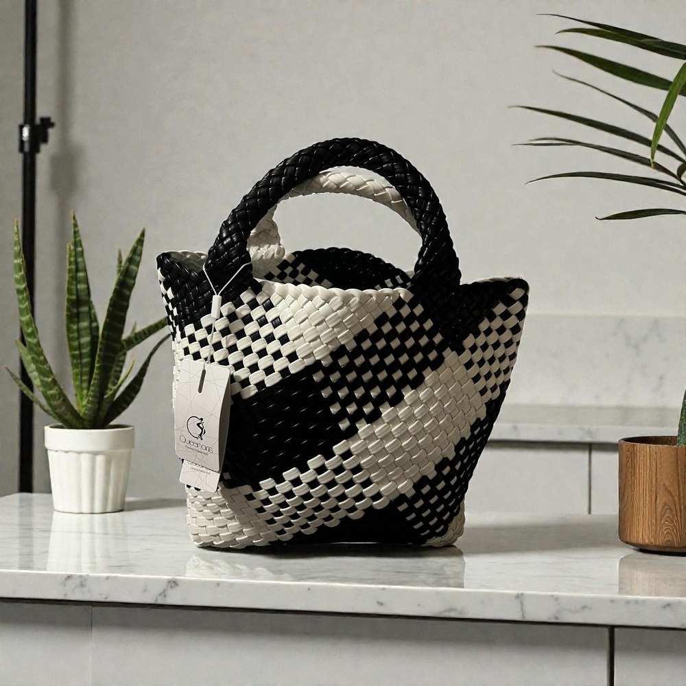 Queennoris Woven Tote Handbag Black White Geometric Pattern Accent Bag - Picture 2 of 11